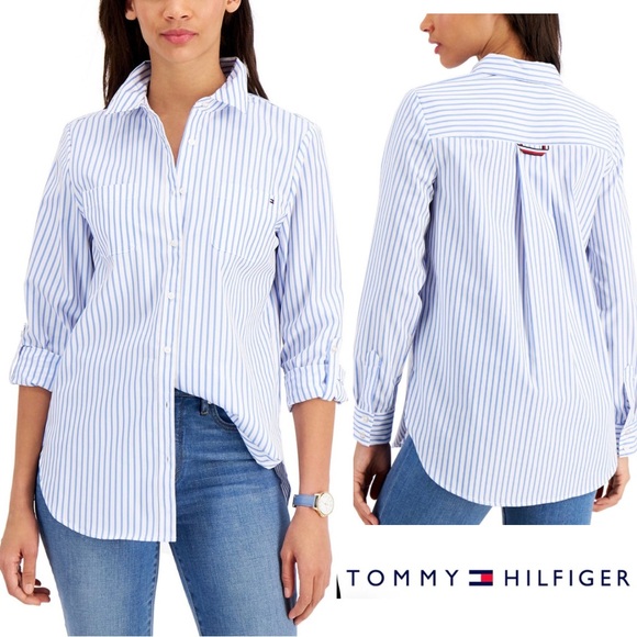 Tommy Hilfiger Tops - Tommy Hilfiger Women’s Cabana Striped Pleat-Back 100% Cotton Shirt XL